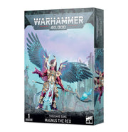 Warhammer 40,000 - Thousand Sons - Magnus the Red - Warhammer 40,000 Magnus the Red miniature box featuring red-armored winged sorcerer with blue wings and magical staff.