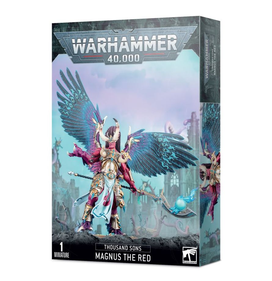 Warhammer 40,000 - Thousand Sons - Magnus the Red - Warhammer 40,000 Magnus the Red miniature box featuring red-armored winged sorcerer with blue wings and magical staff.