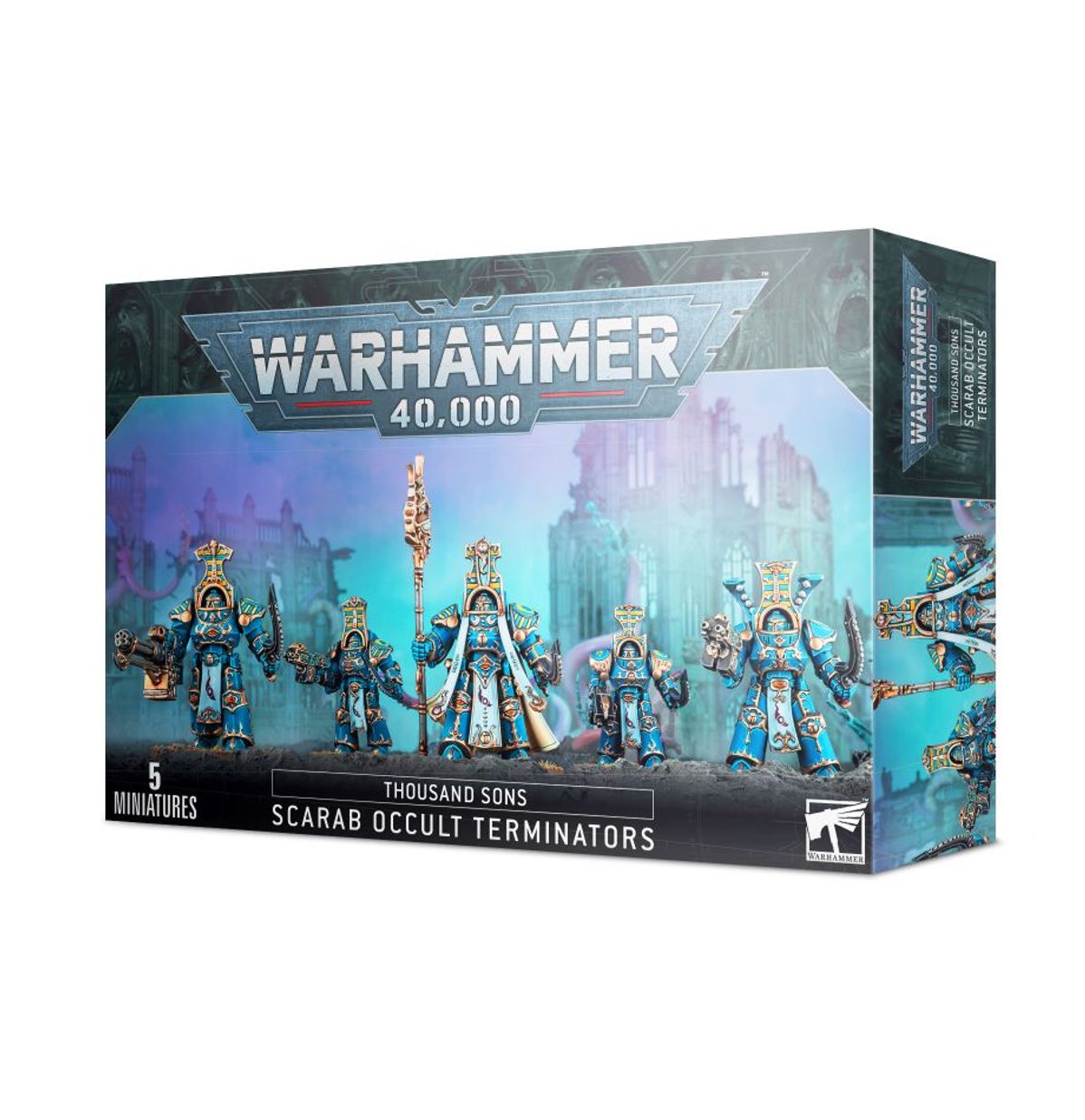 Warhammer 40,000 - Thousand Sons - Scarab Occult Terminators - Set of five blue and gold armored Warhammer 40,000 Thousand Sons Scarab Occult Terminator miniatures with detailed weapons.