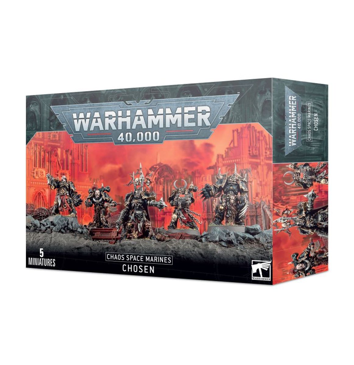Warhammer 40,000 - Chaos Space marines - Chosen - Boxed set of five detailed plastic Chaos Space Marines miniatures from Warhammer 40,000, featuring dark metallic armor with.