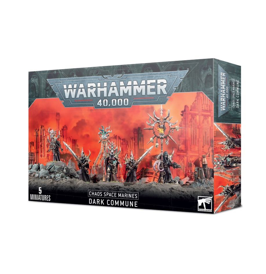 Warhammer 40,000 - Chaos Space Marines - Dark Commune - Warhammer 40,000 Dark Commune box featuring Chaos Space Marines miniatures with dark armor and red fiery background.