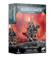 Warhammer 40,000 - Chaos Space Marines - Chaos Lord in Terminator Armour - Warhammer 40,000 Chaos Lord miniature in black and gold Terminator armor wielding a staff and a weapon with skull and spike.