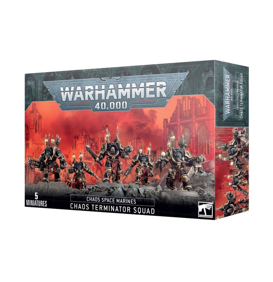 Warhammer 40,000 - Chaos Space Marines - Chaos Terminator Squad - Warhammer 40,000 Chaos Terminator Squad box featuring six black and silver heavily armored Chaos Space Marine miniatures.