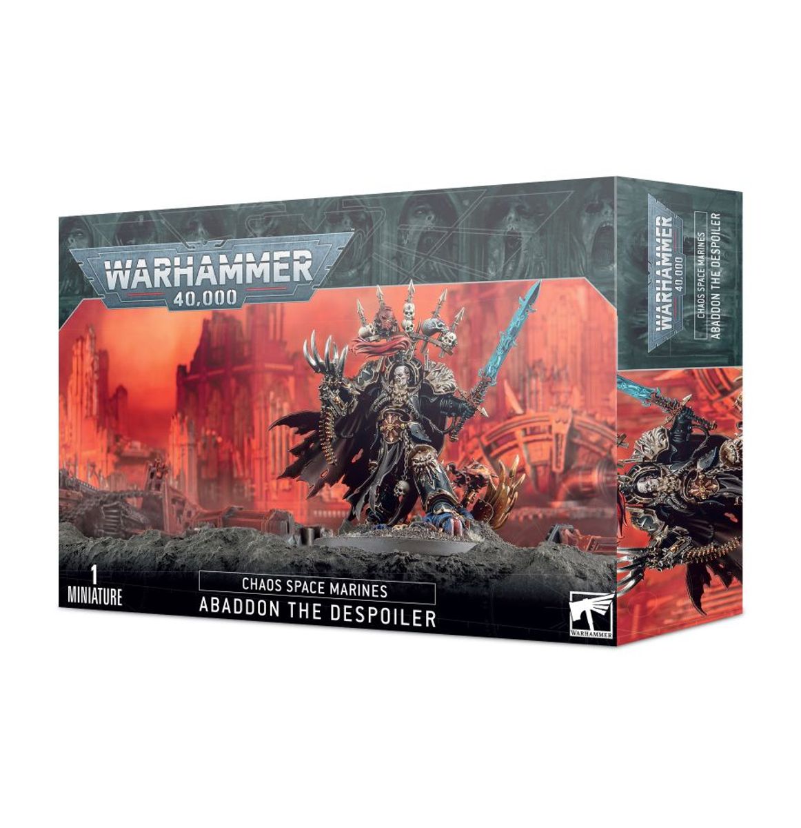 Warhammer 40,000 - Chaos Space marines - Abaddon the Despoiler - Warhammer 40,000 Chaos Space Marines Abaddon the Despoiler miniature box with dark, fiery battle background and detailed.