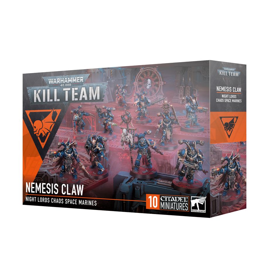 Warhamer 40,000 - Kill Team - Nemesis Claw - Warhammer 40,000 Kill Team Nemesis Claw box featuring ten black and orange Night Lords Chaos Space Marines miniatures with.