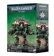 Warhammer 40,000 - Chaos Knights - Knight Ruinator - Black and bronze detailed Warhammer 40,000 Chaos Knight Ruinator model with large weapons and skull motif armor.