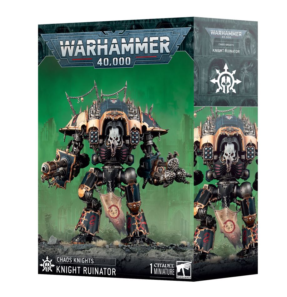 Warhammer 40,000 - Chaos Knights - Knight Ruinator - Black and bronze detailed Warhammer 40,000 Chaos Knight Ruinator model with large weapons and skull motif armor.