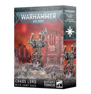 Warhammer 40,000 - Chaos Space Marines - Chaos Lord with Jump Pack - Warhammer 40,000 Chaos Lord miniature with spiked armor and mechanical jump pack, posed on rocky base.
