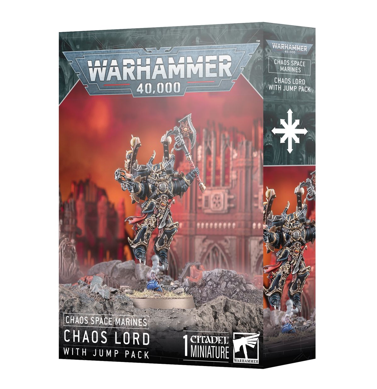 Warhammer 40,000 - Chaos Space Marines - Chaos Lord with Jump Pack - Warhammer 40,000 Chaos Lord miniature with spiked armor and mechanical jump pack, posed on rocky base.