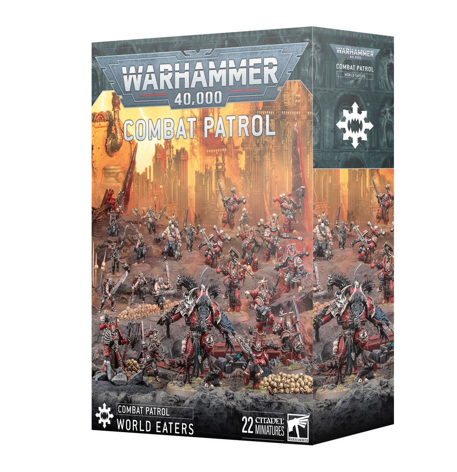 Warhammer 40,000 - World Eaters - Combat Patrol - Warhammer 40,000 World Eaters Combat Patrol box featuring painted red and silver armored miniatures in dynamic battle poses.
