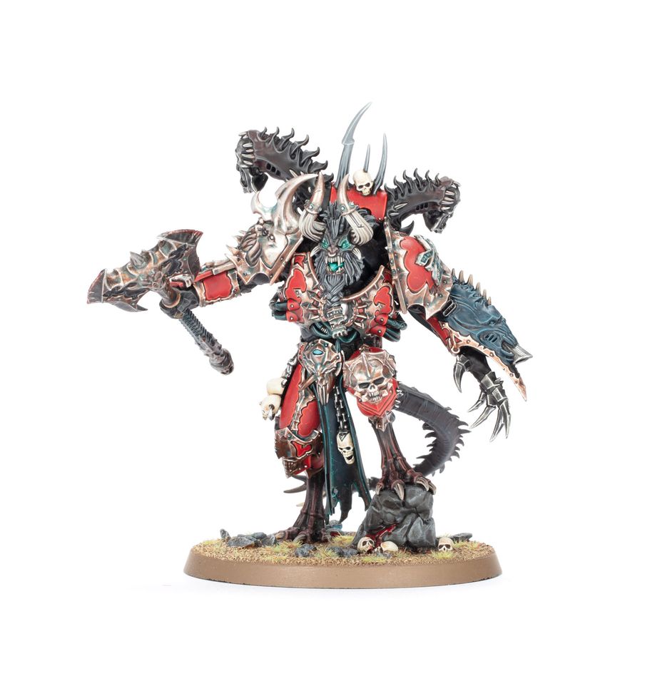 Warhammer 40,000 - World Eaters - Combat Patrol - Red and silver armored Warhammer 40K warrior with spiked helmet, large axe, clawed gauntlet, and skull base.
