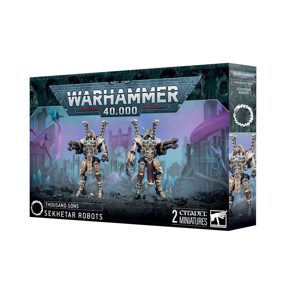 Warhammer 40,000 - Thousand Sons - Sekhetar Robots - Boxed Warhammer 40,000 Sekhetar Robots set featuring blue and gold robotic miniatures with detailed armor and weaponry.
