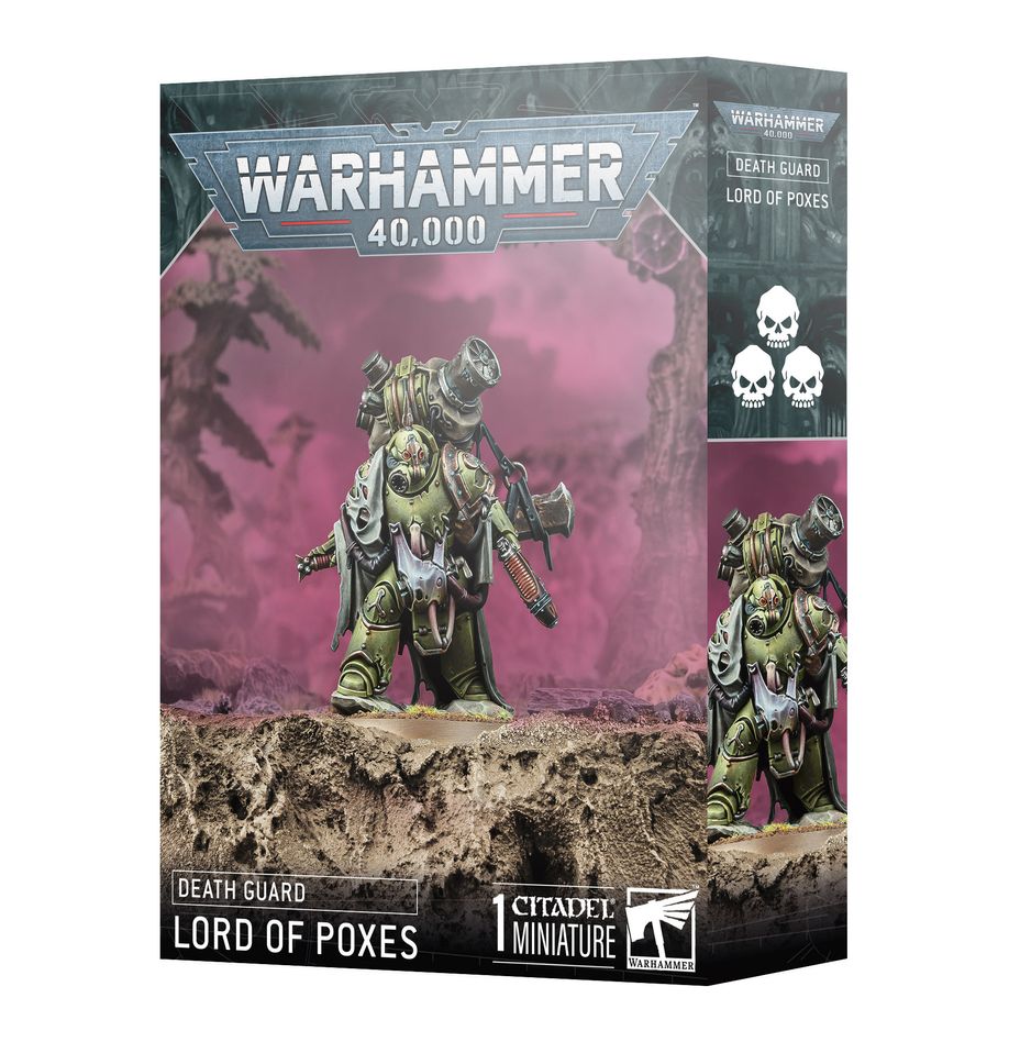 Warhammer 40,000 - Death Guard - Lord of Poxes - Warhammer 40,000 Death Guard Lord of Poxes miniature box featuring a green, heavily armored plague-themed warrior with.