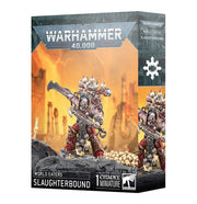 Warhammer 40,000 - World Eaters - Slaughterbound - Warhammer 40,000 Slaughterbound set box featuring armored, blood-red Chaos Space Marine with spiked armor and large weapon.