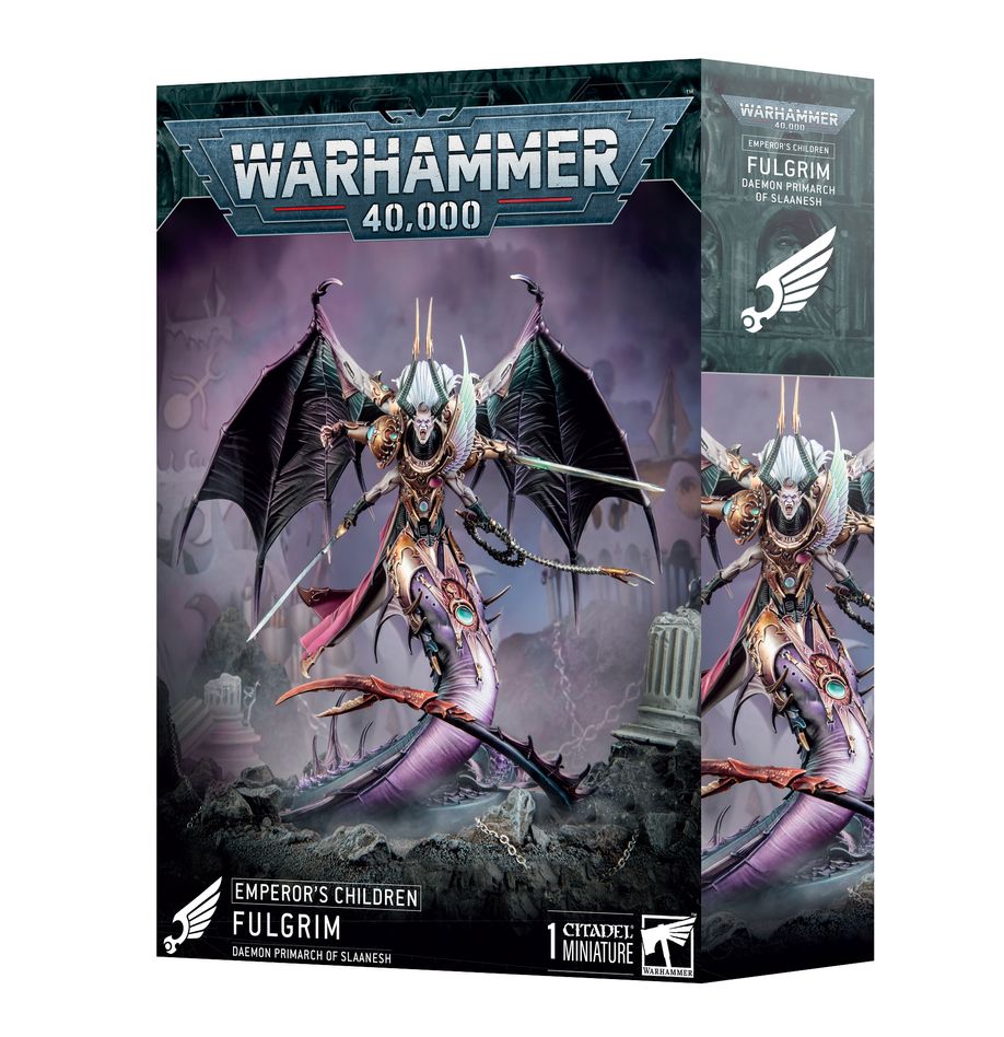Warhammer 40,000 - Emperor's Children - Fulgrim - Warhammer 40,000 Emperor’s Children Fulgrim miniature box featuring armored figure with wings and long sword on dark.