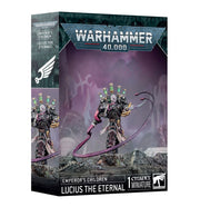 Warhammer 40,000 - Emperor's Children - Lucius the Eternal - Lucius the Eternal Warhammer 40,000 miniature with dark armor, purple accents, and intricate gold details on base.