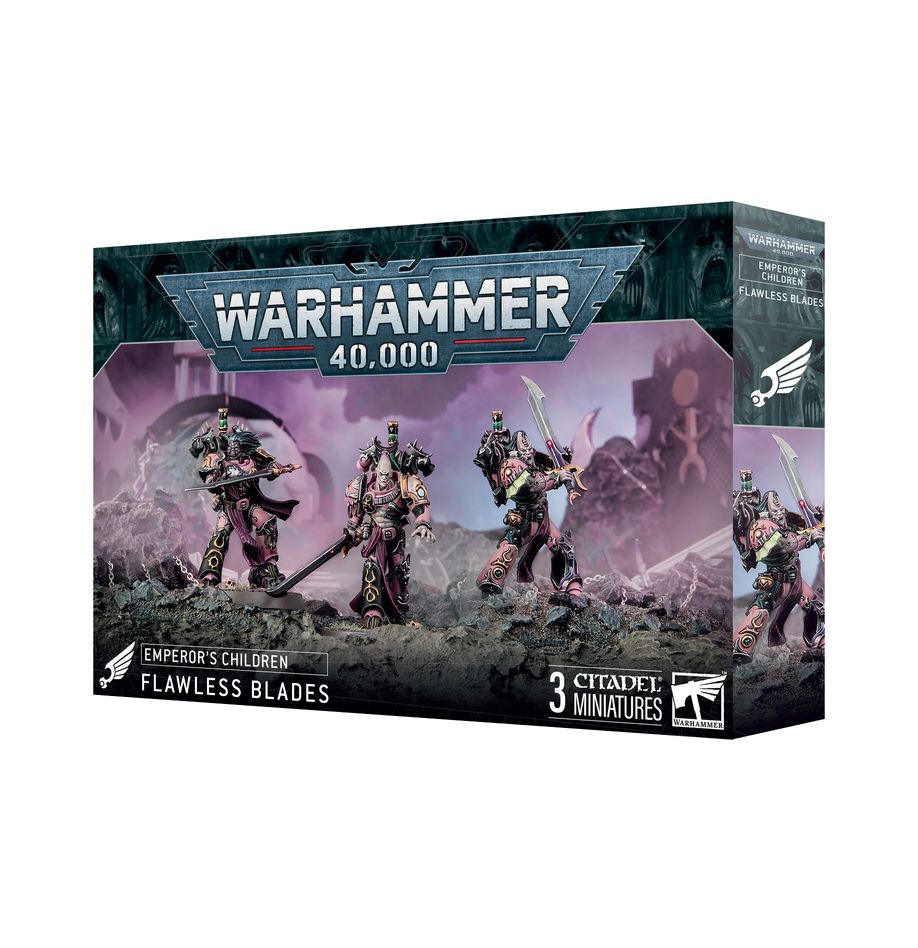 Warhammer 40,000 - Emperor's Children - Flawless Blades - Warhammer 40,000 Emperor's Children Flawless Blades box featuring three detailed purple and gold armored miniature soldiers.