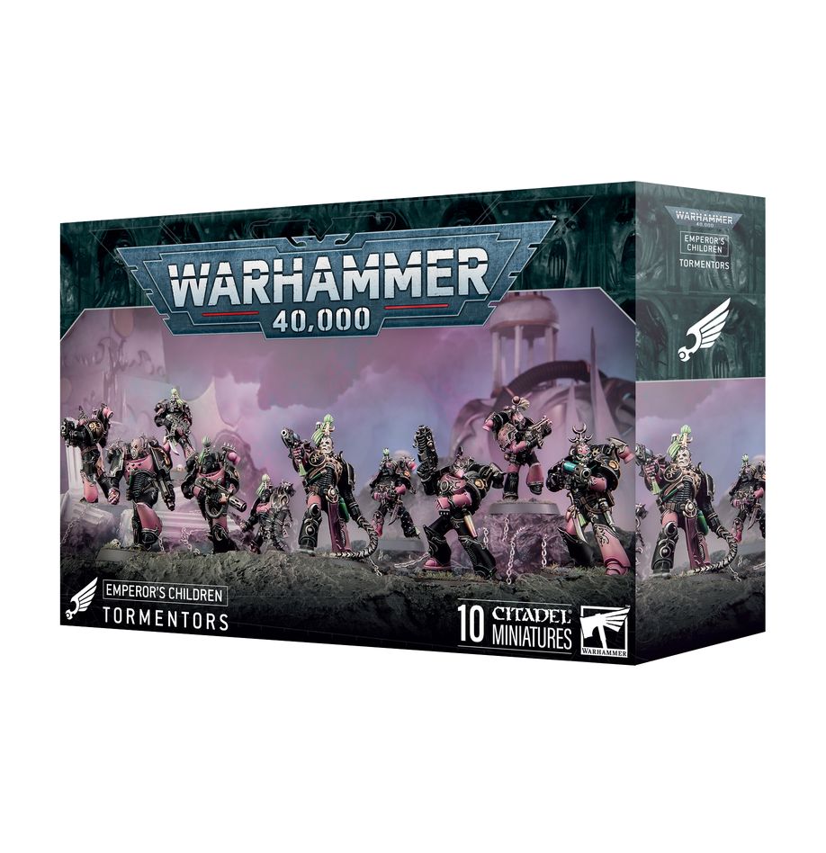 Warhammer 40,000 - Emperor's Children - Tormentors - Box containing ten detailed Emperor's Children Tormentors miniatures with purple and gold armor, weapons, and bases.