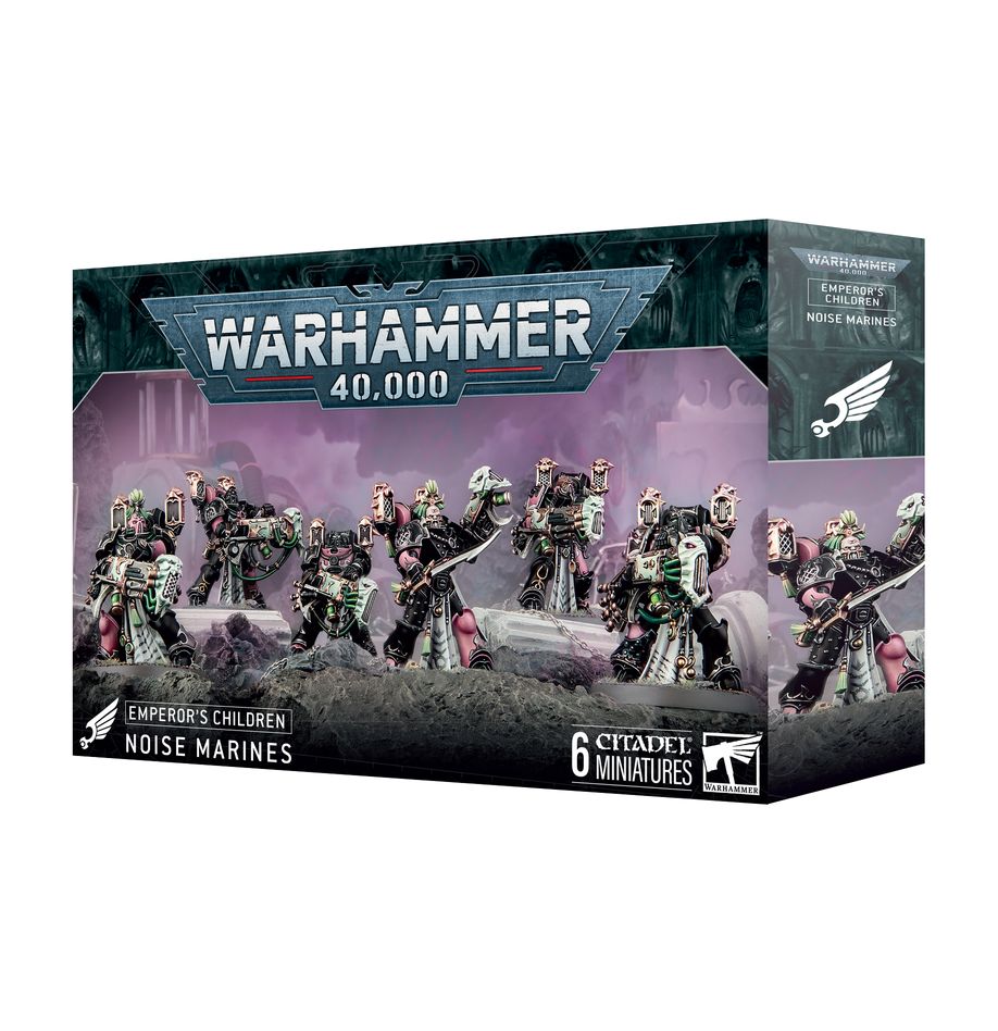 Warhammer 40,000 - Emperor's Children - Noise Marines - Set of six detailed Warhammer 40,000 Emperor’s Children Noise Marines miniatures in purple and gold armor with weapons and.