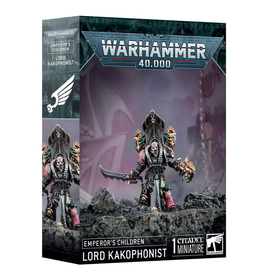 Warhammer 40,000 - Emperor's Children - Lord Kakophonist - Warhammer 40,000 Lord Kakophonist miniature box featuring a dark armored figure with a horned helmet and spiked pauldrons.