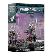 Warhammer 40,000 - Emperor's Children - Lord Exultant - Warhammer 40,000 Lord Exultant miniature in purple and gold power armor holding a spear, displayed inside branded box with.