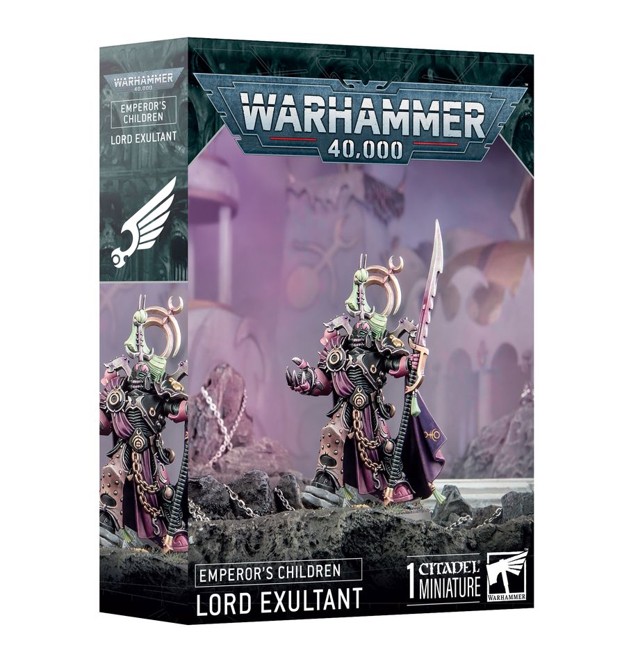 Warhammer 40,000 - Emperor's Children - Lord Exultant - Warhammer 40,000 Lord Exultant miniature in purple and gold power armor holding a spear, displayed inside branded box with.