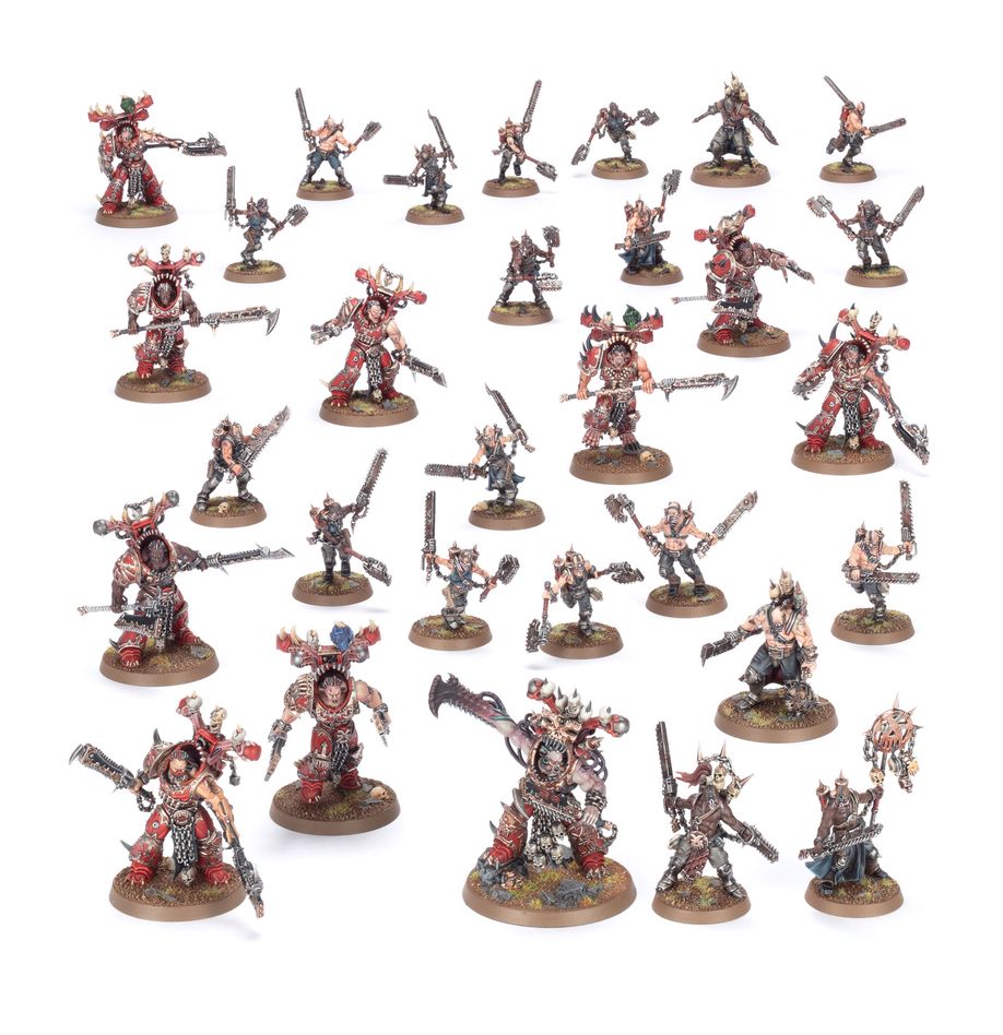 Warhammer 40,000 - World Eaters - Gorestorm Slaughterpack Battleforce - Set of 32 Warhammer 40K World Eaters miniatures, detailed with red and silver armor, various weapons, and dynamic battle.