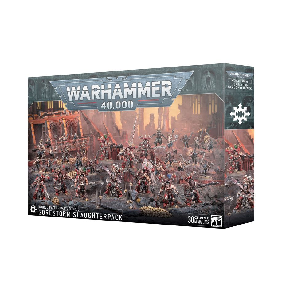 Warhammer 40,000 - World Eaters - Gorestorm Slaughterpack Battleforce - Warhammer 40,000 Gorestorm Slaughterpack box featuring detailed warrior miniatures in red and metallic armor with weapons,.