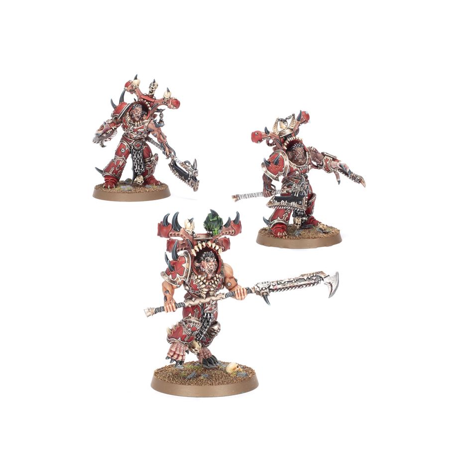 Warhammer 40,000 - World Eaters - Gorestorm Slaughterpack Battleforce - Three detailed Warhammer 40K Gorestorm Slaughterpack miniatures with red and metallic armor, weapons, and aggressive poses.
