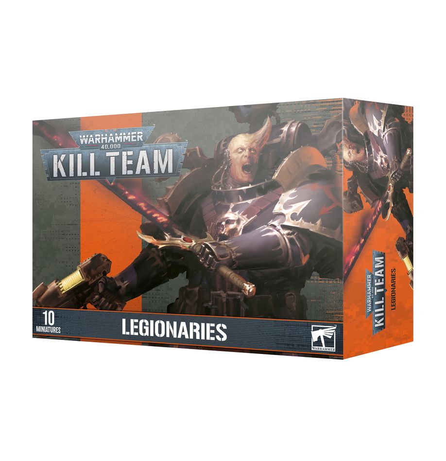 Warhammer 40,000 - Kill Team - Chaos Space Marine Legionaries - Warhammer 40K Kill Team Chaos Space Marine Legionaries box with armored warrior holding a gun, dark armor with skull motifs.