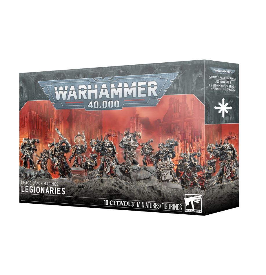 Warhammer 40,000 - Chaos Space Marines - Legionaries (2025) - Warhammer 40,000 Chaos Space Marines Legionaries box featuring detailed miniatures with dark armor and red accents on a.