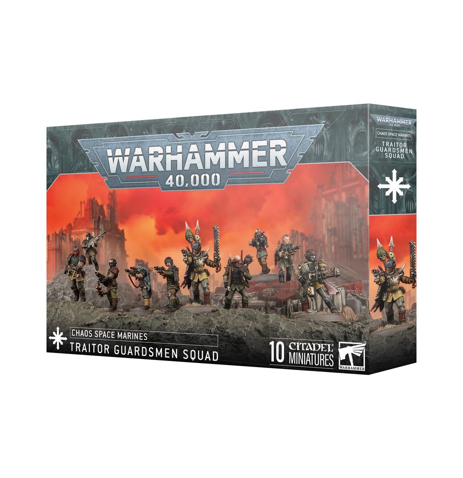 Warhammer 40,000 - Chaos Space Marines - Traitor Guardsmen Squad - Warhammer 40,000 Chaos Space Marines Traitor Guardsmen Squad box showing ten dark armored miniatures with weapons in a fiery