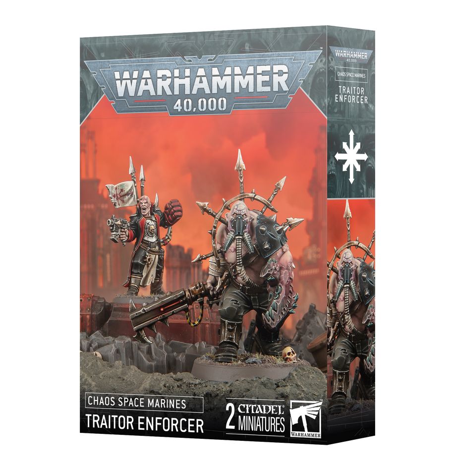 Warhammer 40,000 - Chaos Space Marines - Traitor Enforcer - Warhammer 40,000 Traitor Enforcer Chaos Space Marines box featuring dark armored miniatures with spiked helmets and heavy.