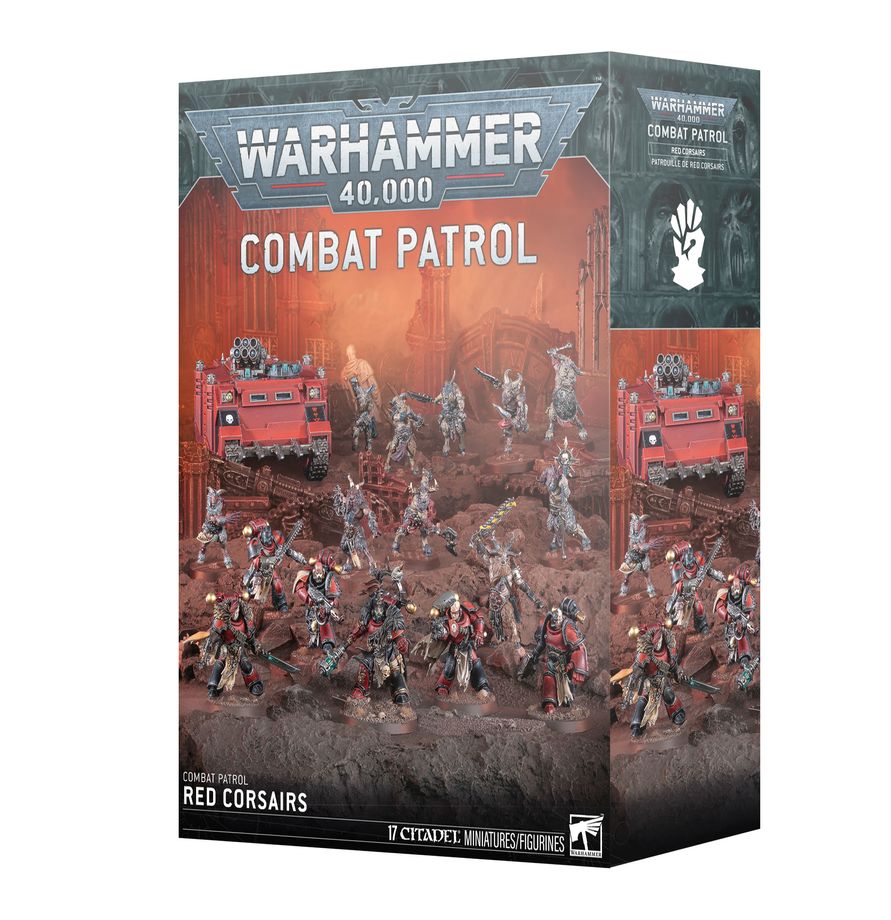 Warhammer 40,000 - Red Corsairs - Combat Patrol (PREORDER) - Warhammer 40,000 Red Corsairs Combat Patrol box featuring red-armored miniature soldiers and a matching armored vehicle on a