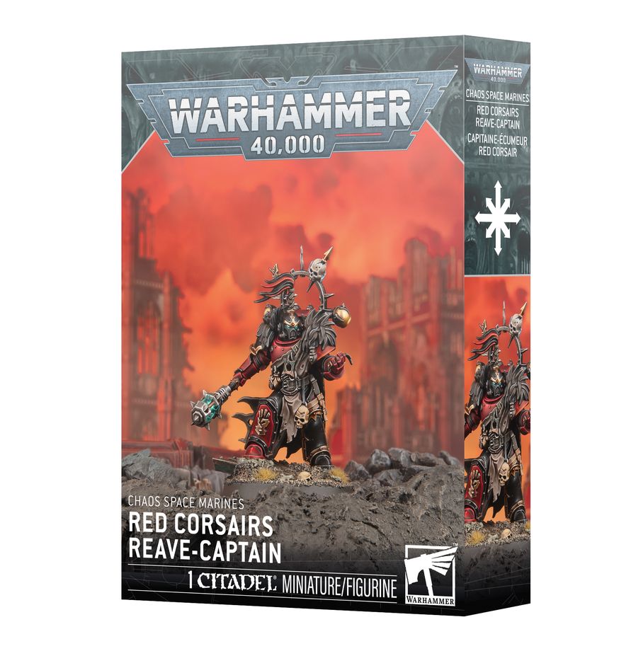Warhammer 40,000 - Chaos Space Marines - Red Corsairs Reave-Captain (PREORDER) - Warhammer 40,000 Red Corsairs Reave-Captain miniature box art with armored figure wielding a weapon against a fiery red.