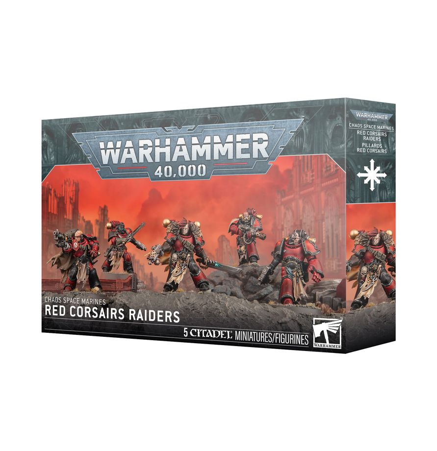 Warhammer 40,000 - Chaos Space Marines - Red Corsairs Raiders (PREORDER) - Warhammer 40,000 Red Corsairs Raiders box with detailed Red and black Chaos Space Marine miniatures carrying weapons and.