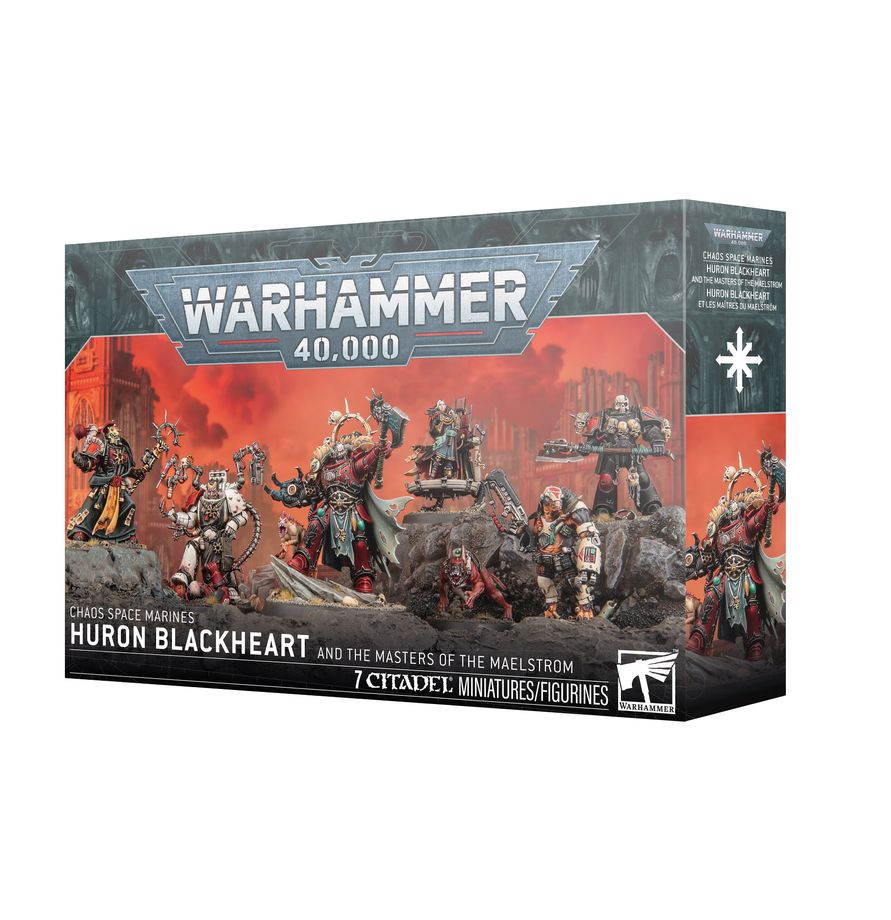 Warhammer 40,000 - Chaos Space Marines - Huron Blackheart and the Masters of the Maelstrom (PREORDER) - Warhammer 40,000 Chaos Space Marines set box art featuring Huron Blackheart and seven detailed miniature figures against a.