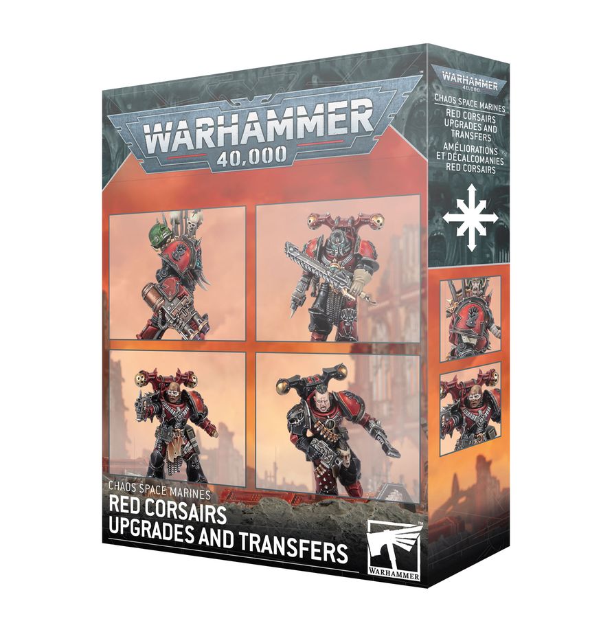 Warhammer 40,000 - Chaos Space Marines - Red Corsairs Upgrades and Transfers (PREORDER) - Box packaging for Warhammer 40,000 Red Corsairs Upgrades and Transfers featuring red and black Chaos Space Marines artwork.