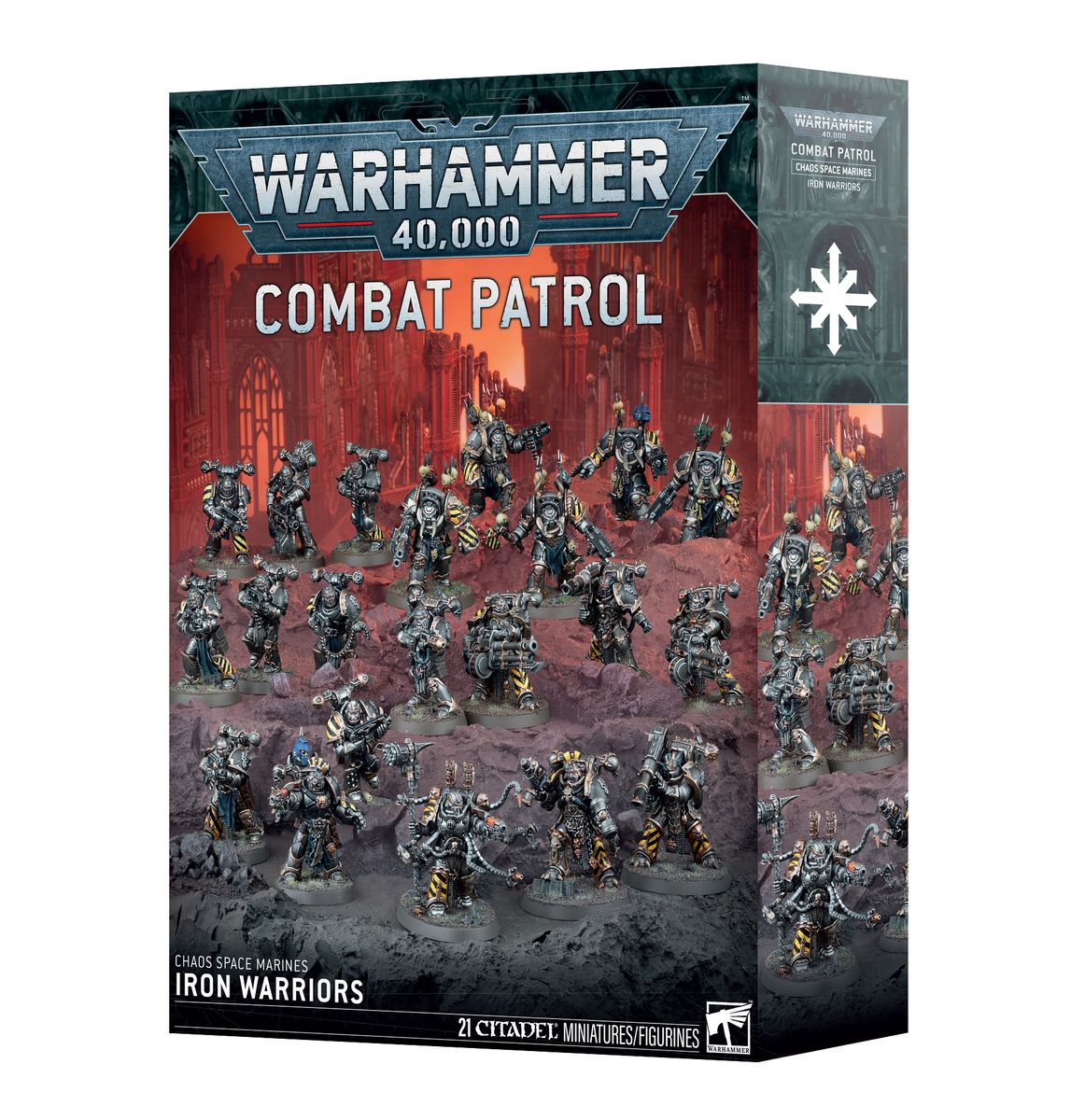 Warhammer 40,000 - Chaos Space Marines - Iron Warriors Combat Patrol (PREORDER) - Warhammer 40,000 Iron Warriors Combat Patrol box featuring detailed Chaos Space Marines miniatures with metallic gray and.