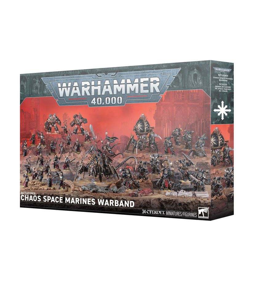 Warhammer 40,000 - Chaos Space Marines - Warband Battleforce (PREORDER) - Warhammer 40,000 Chaos Space Marines Warband Battleforce box with dark armored miniatures against a fiery red background.