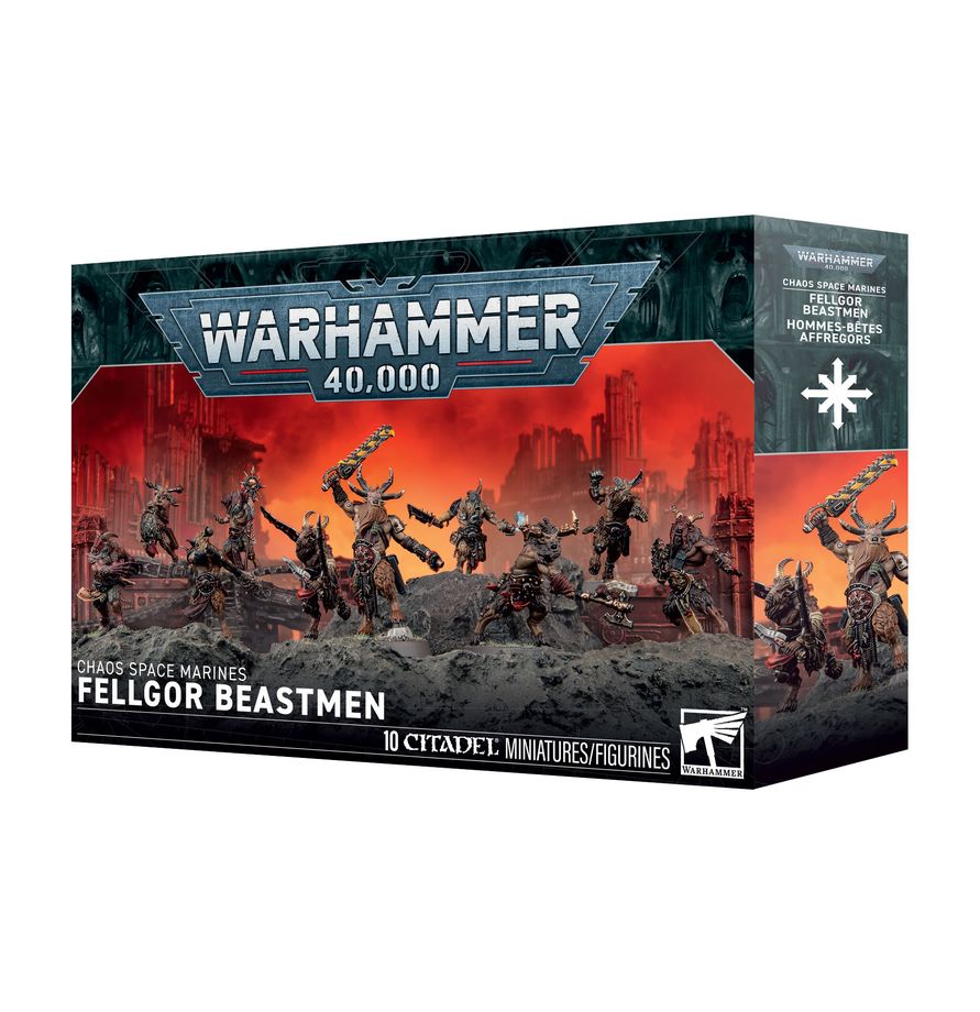 Warhammer 40,000 - Chaos Space Marines - Fellgor Beastmen - Warhammer 40,000 Fellgor Beastmen miniature set box featuring dark armored Chaos Space Marines with beast-like features.