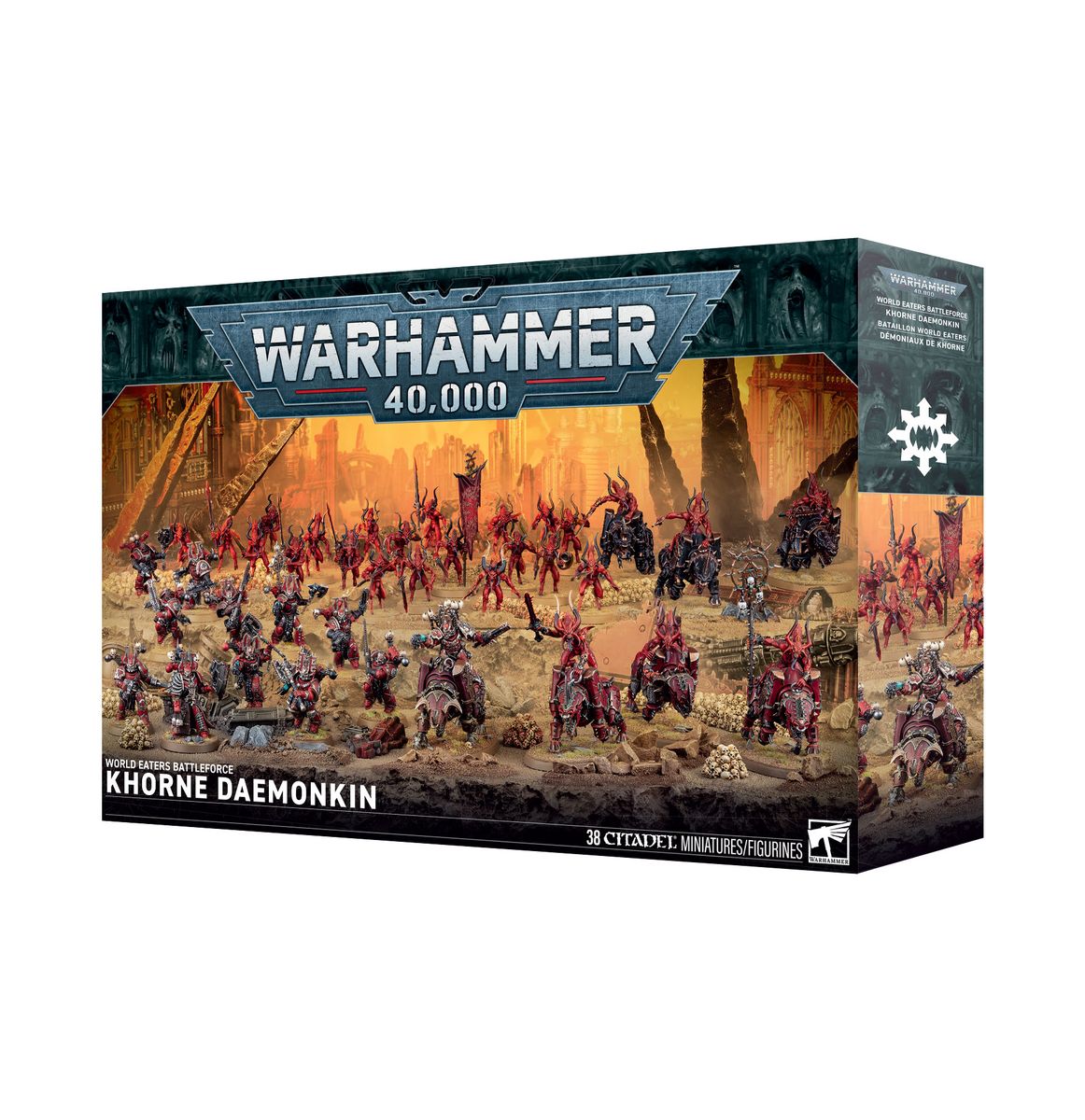 Warhammer 40,000 - World Eaters - Khorne Daemonkin Battleforce - Warhammer 40,000 Khorne Daemonkin Battleforce box featuring red and brass armored miniature warriors with weapons in a fiery