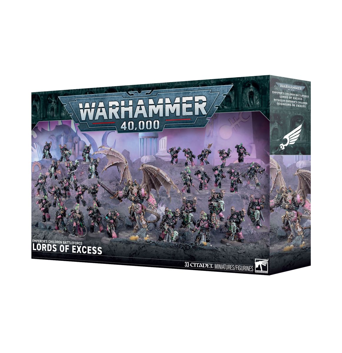 Warhammer 40,000 - Emperor's Children - Lords of Excess Battleforce - Warhammer 40,000 Lords of Excess Battleforce box featuring detailed purple and gold armored miniatures with wings and.