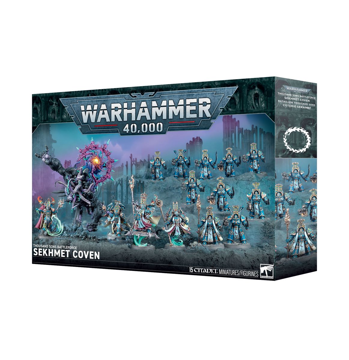 Warhammer 40,000 - Thousand Sons - Sekhmet Coven Battleforce - Box set of Warhammer 40,000 Thousand Sons Sekhmet Coven miniatures with blue and gold-armored warriors and purple magical.