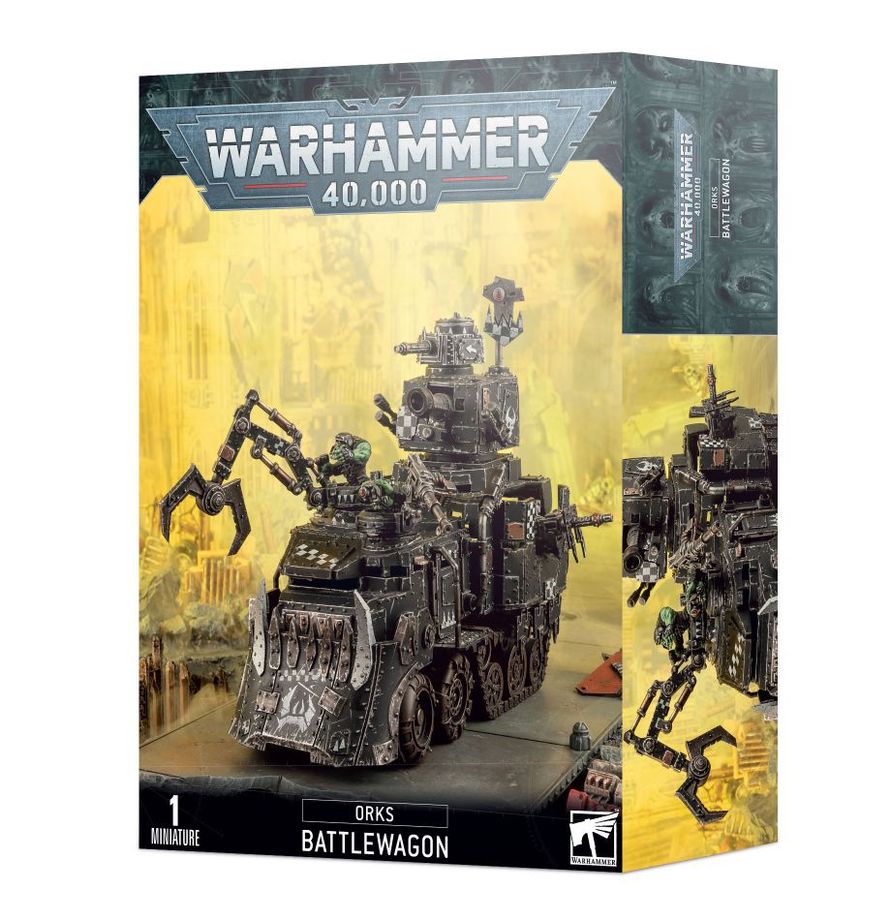 Warhammer 40,000 - Orks - Battlewagon - Ork Battlewagon model with heavy armor, weapons, and mechanical claw mounted on tracked vehicle base.