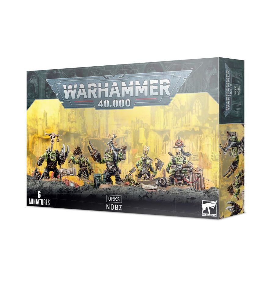 Warhammer 40,000 - Orks - Nobz - Warhammer 40,000 Orks Nobz box featuring six detailed green-skinned Ork warrior miniatures with weapons and armor on a.