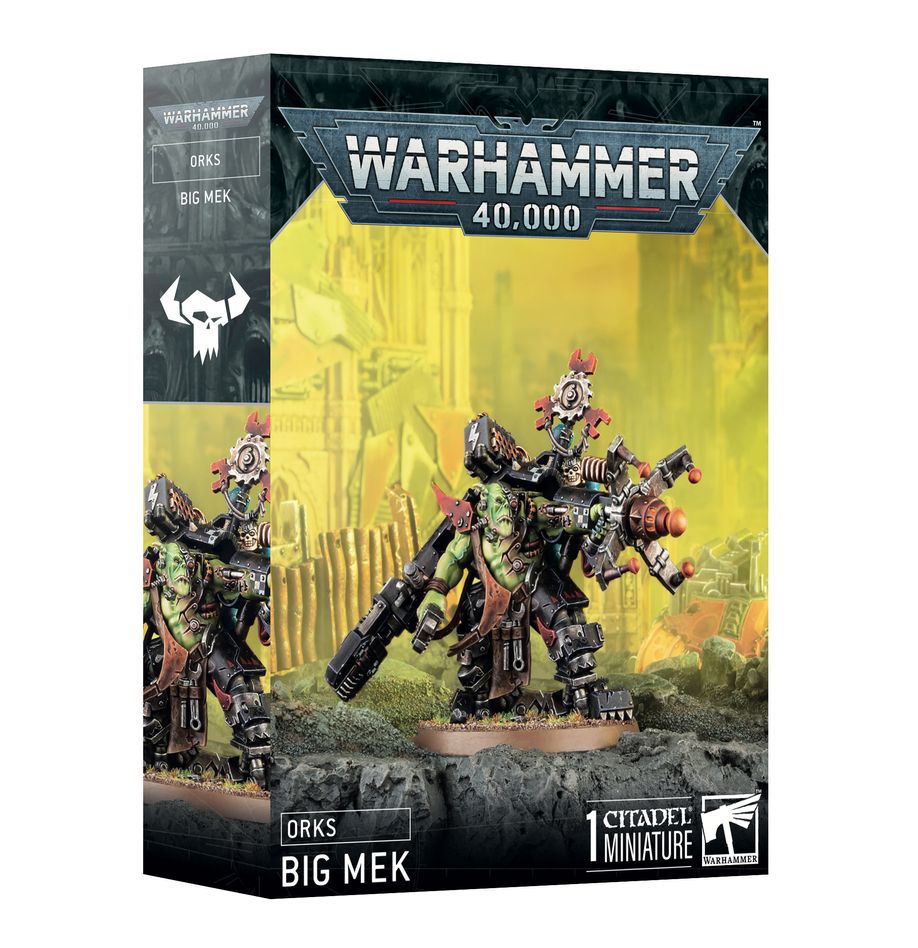 Warhammer 40,000 - Orks - Big Mek - Warhammer 40,000 Orks Big Mek miniature box art featuring a green-skinned Ork wielding large mechanical weapons with worn.