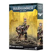 Warhammer 40,000 - Orks - Big Mek Dakkarig (PREORDER) - Warhammer 40,000 Orks Big Mek Dakkarig model kit box with detailed Ork figure wielding weapons on mechanical walker in dark.