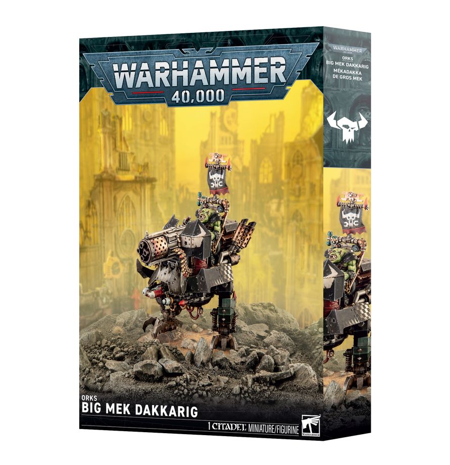 Warhammer 40,000 - Orks - Big Mek Dakkarig (PREORDER) - Warhammer 40,000 Orks Big Mek Dakkarig model kit box with detailed Ork figure wielding weapons on mechanical walker in dark.