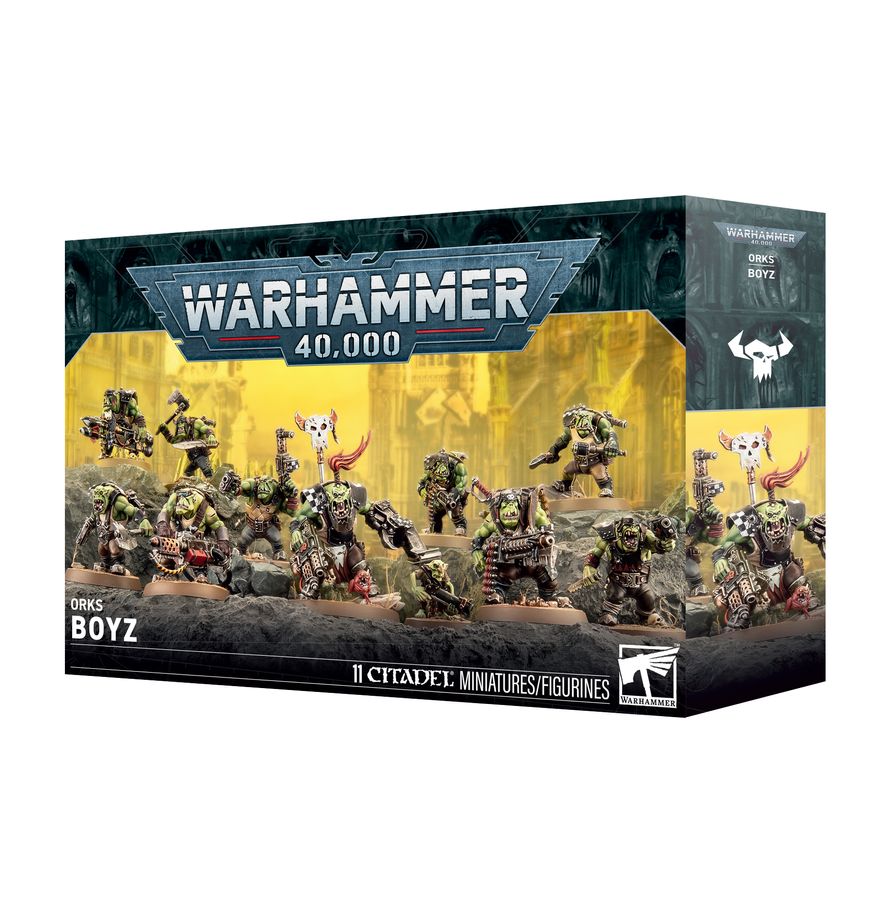 Warhammer 40,000 - Orks - Boyz (PREORDER) - Box set featuring detailed plastic miniature figures of green-skinned Ork Boyz armed with various weapons, set against a.